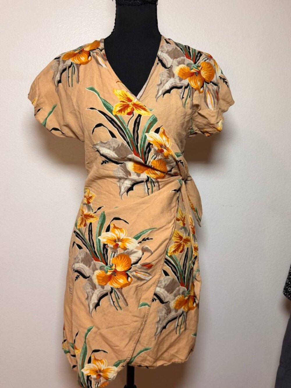 & Other Stories Tropical Floral Linen Blend Wrap Mini Dress Vacation